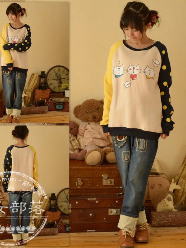 cartoon cat patchwork pullover