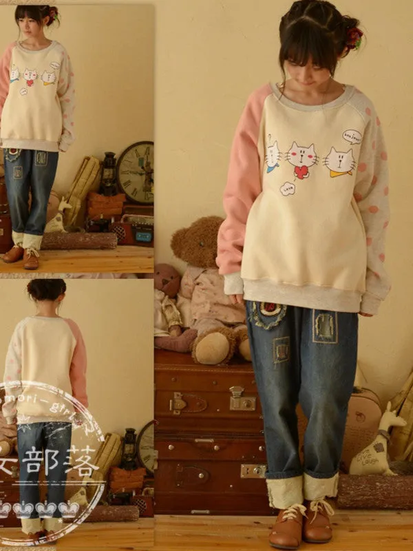 cartoon cat patchwork pullover