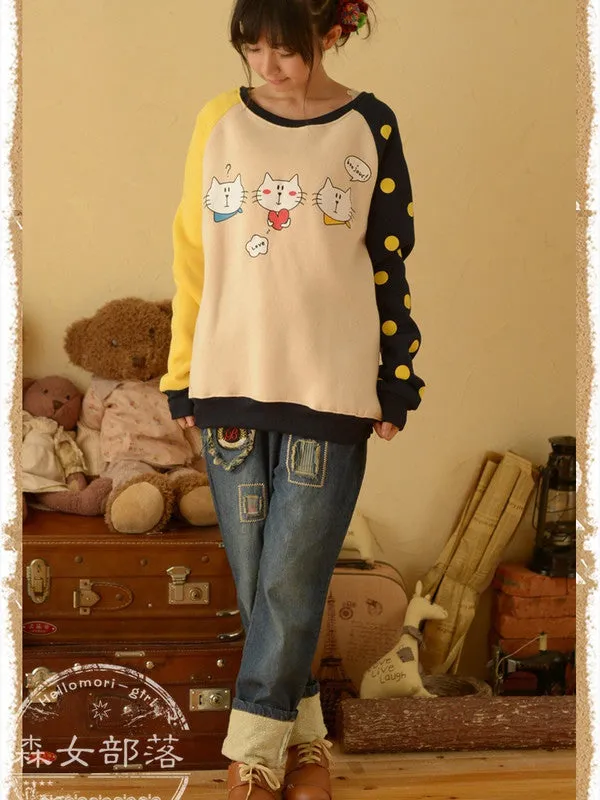 cartoon cat patchwork pullover