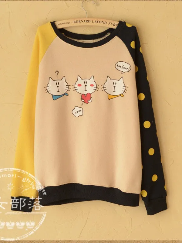 cartoon cat patchwork pullover