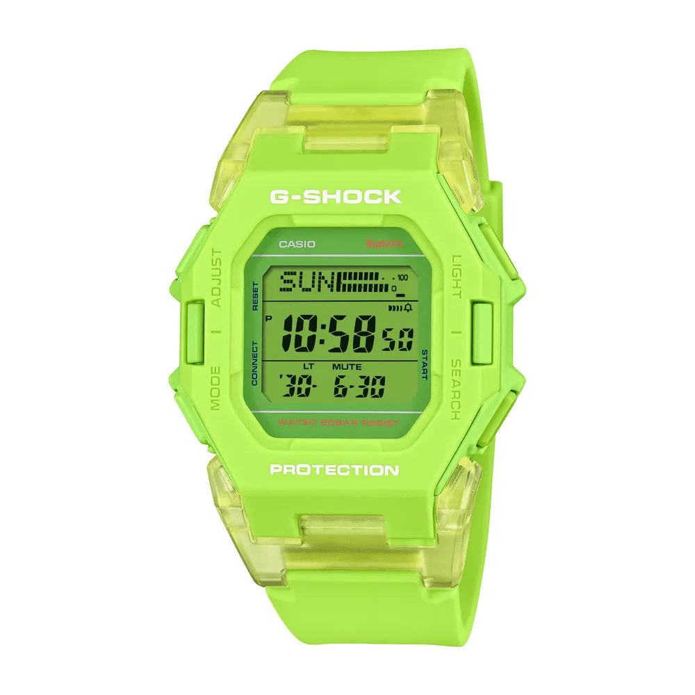 Casio G Shock Digital Square Bluetooth Steps Dual Time 200M Water Resistant Green Face & Transparent Band GDB500S-3d