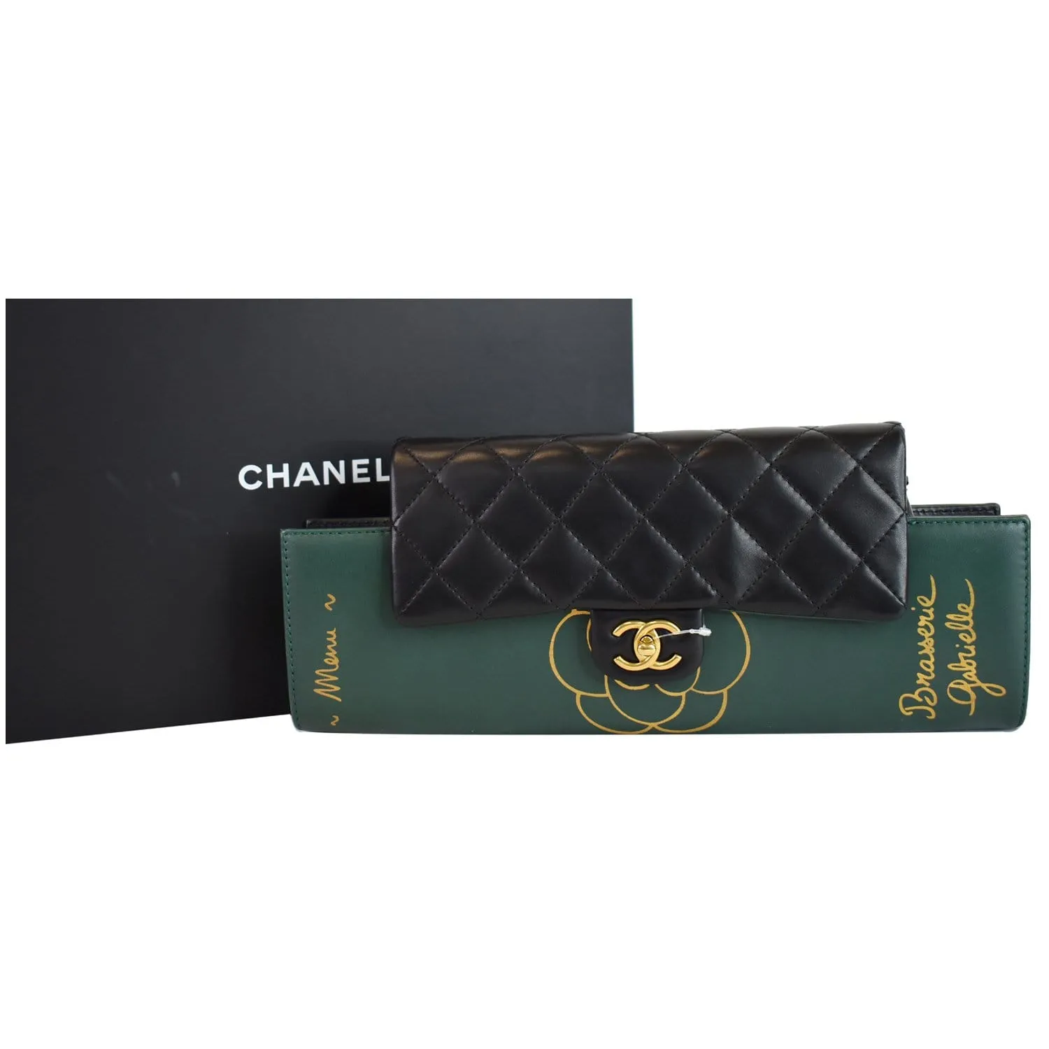 CHANEL Gabrielle Brasserie Menu Flap Calfskin Chain Clutch Bag Black