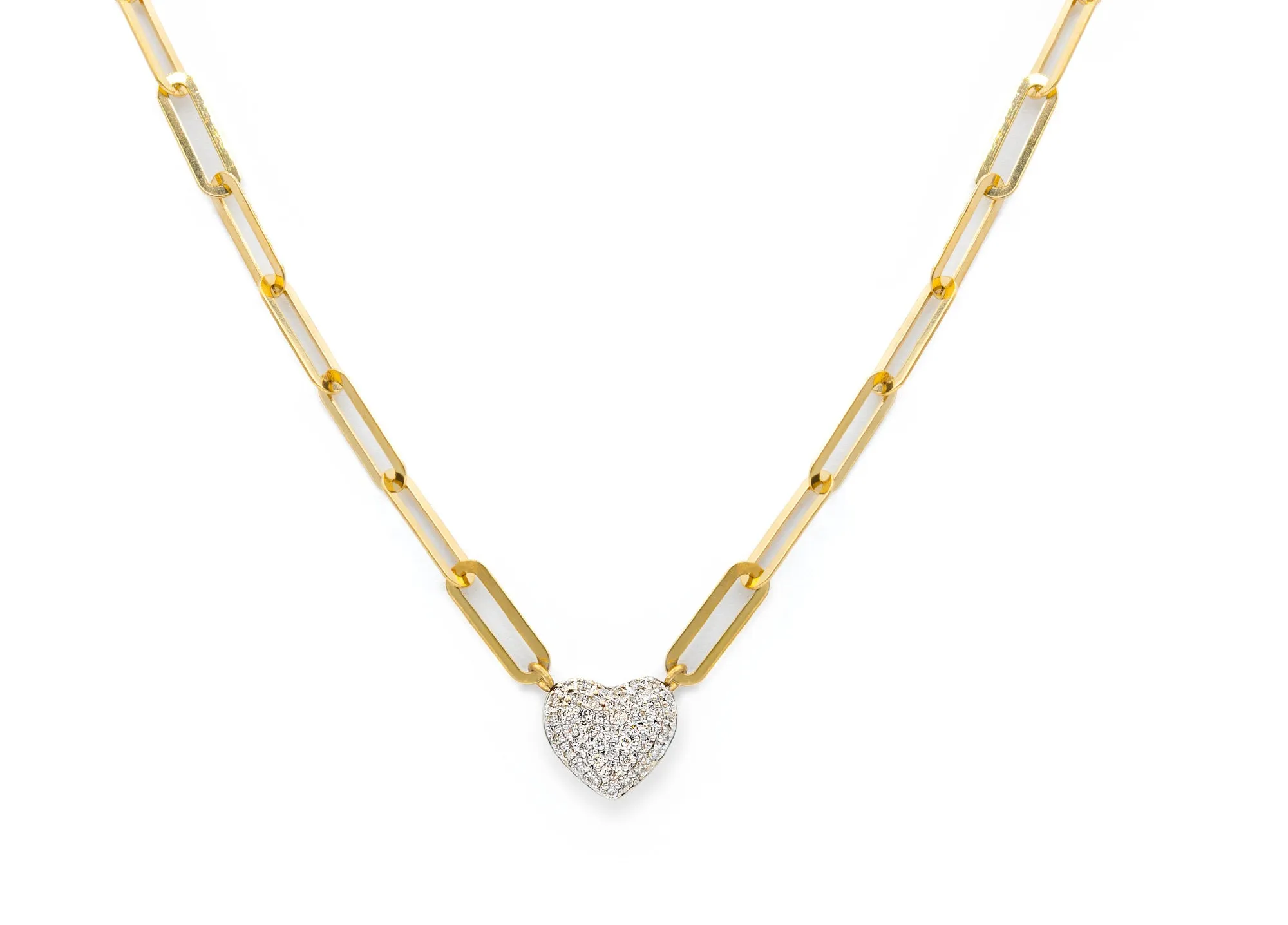 Diamond Accented Puff Heart Pendant On Paperclip Necklace