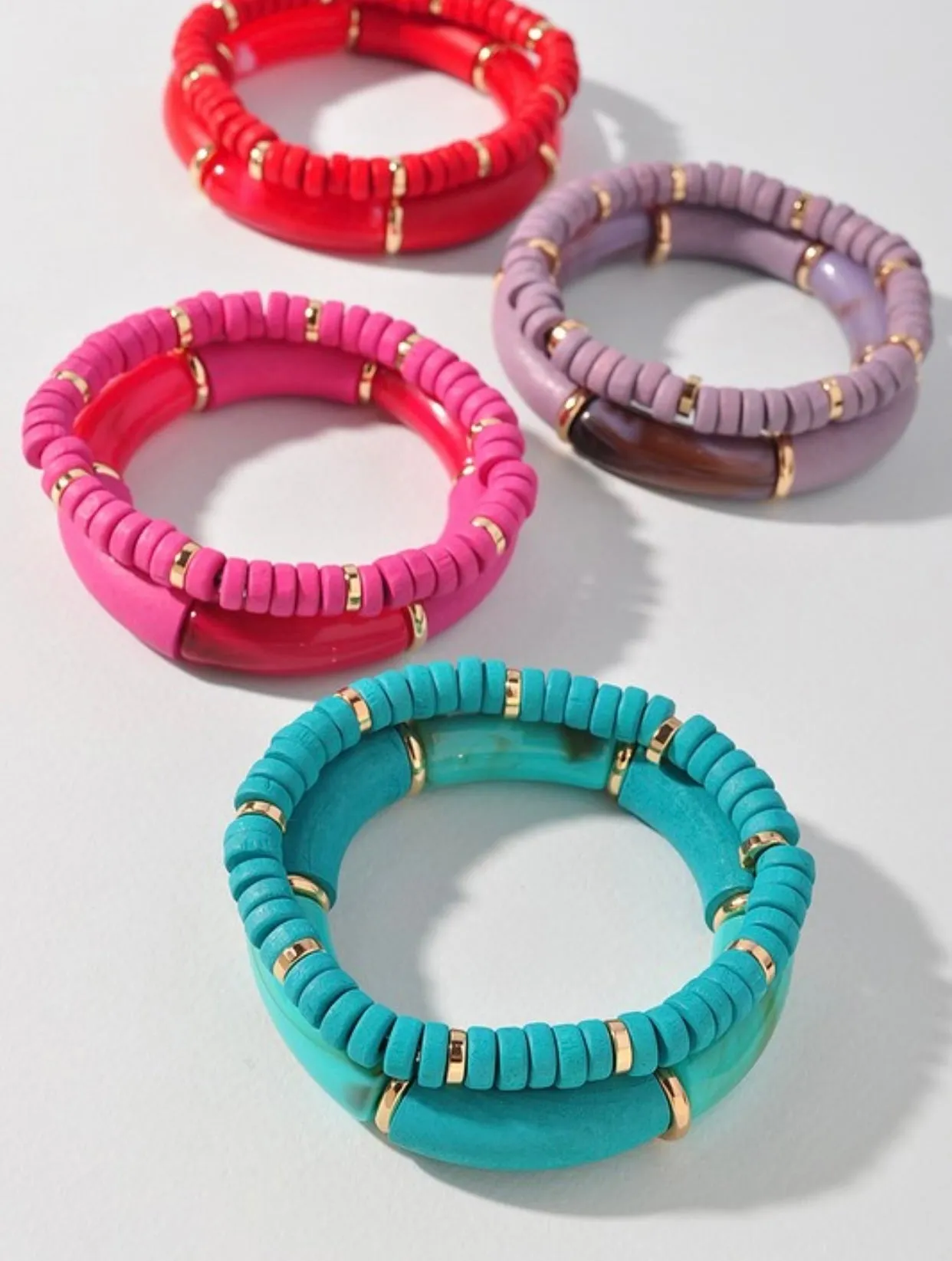 Double Layered Bead and Tube Bead Bracelet Set- 2 Colors
