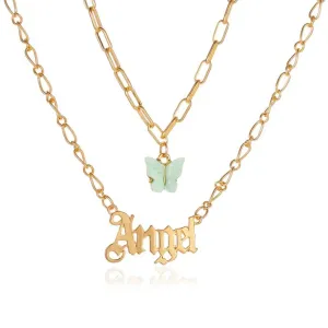 Double Layered Blue Butterfly Angel Word Necklace