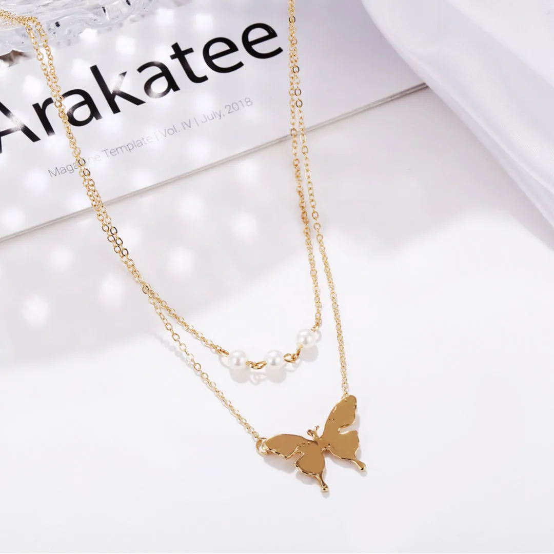 Double Layered Pearls Butterfly Pendant