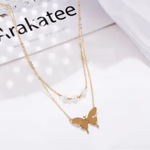 Double Layered Pearls Butterfly Pendant