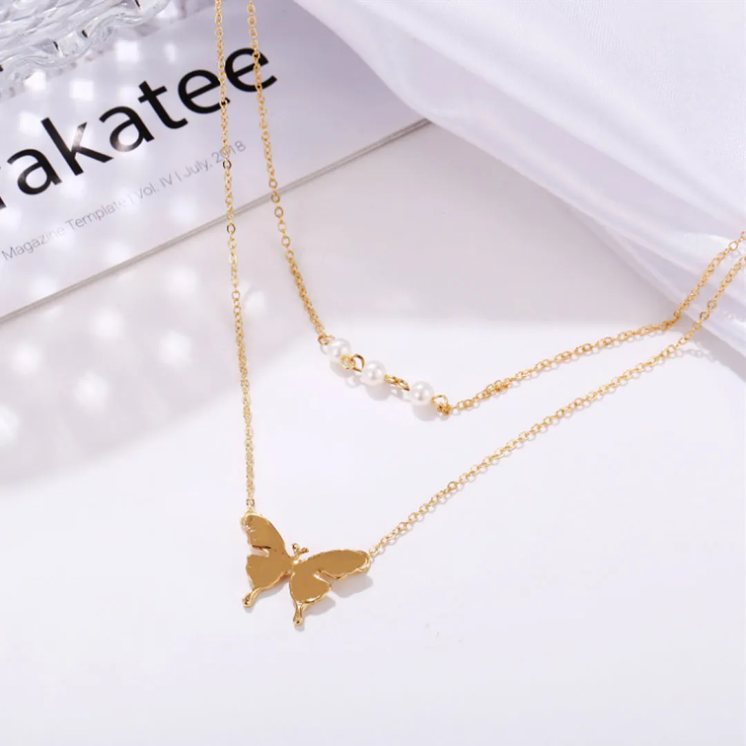 Double Layered Pearls Butterfly Pendant