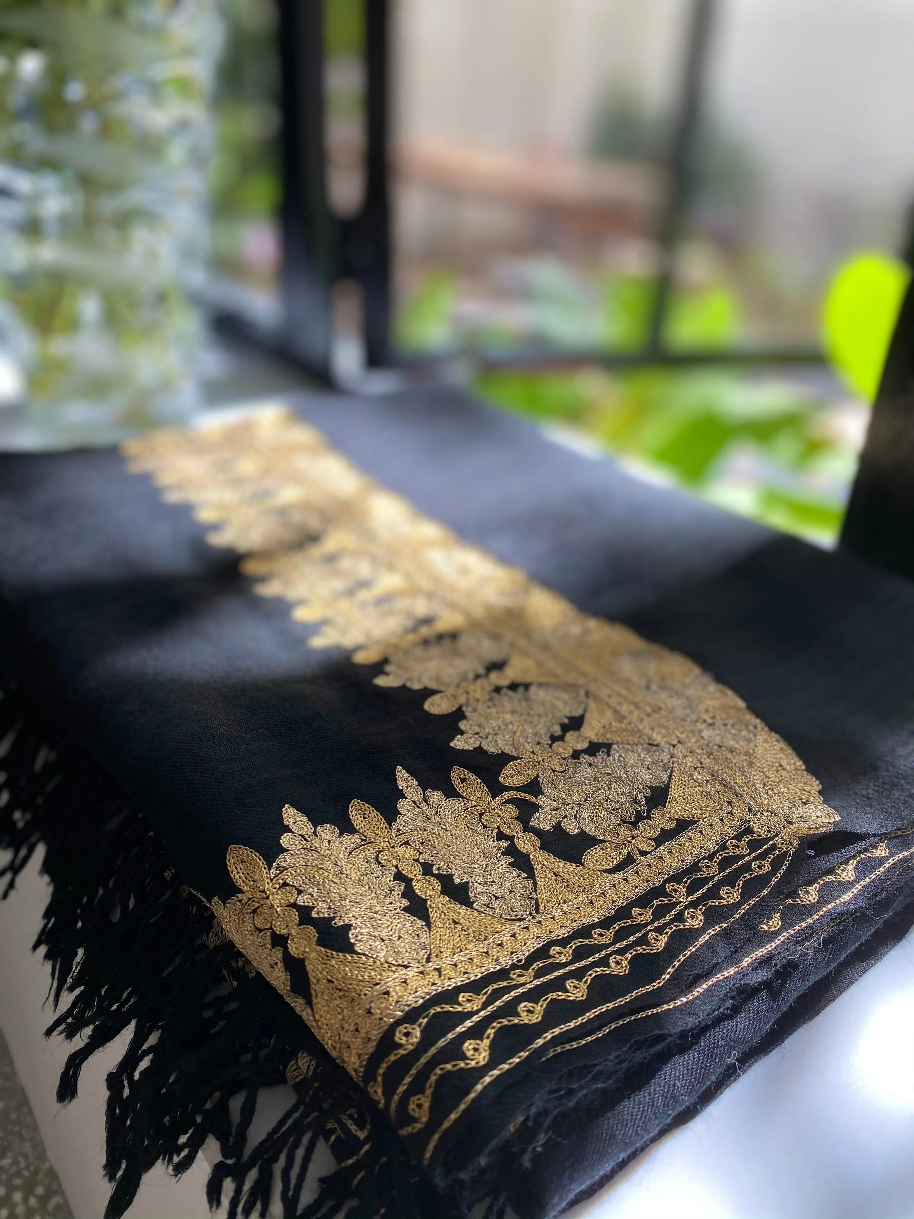 Elegant Black Wool with Gold Embroidery Scarf - Gold Border