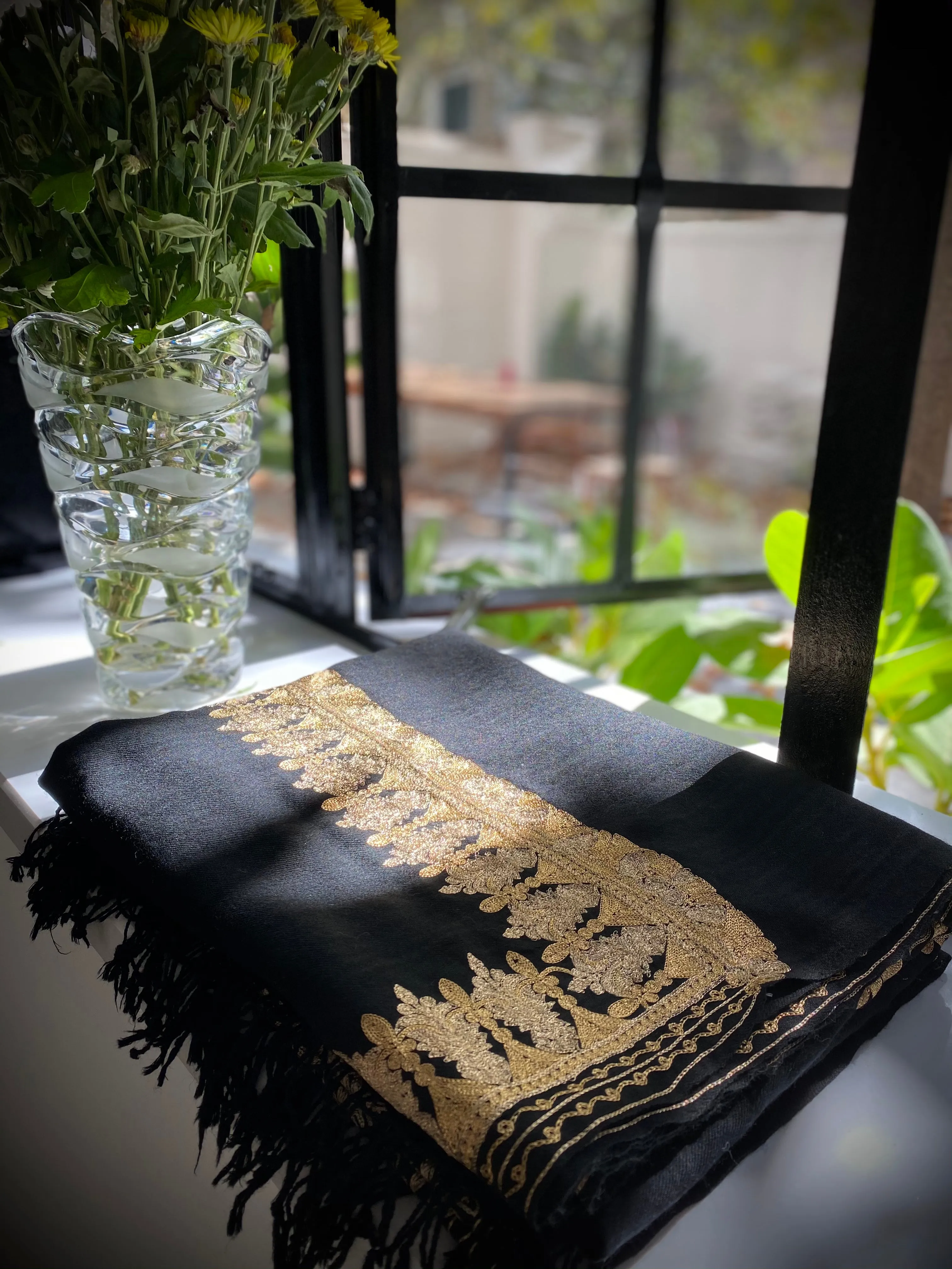 Elegant Black Wool with Gold Embroidery Scarf - Gold Border