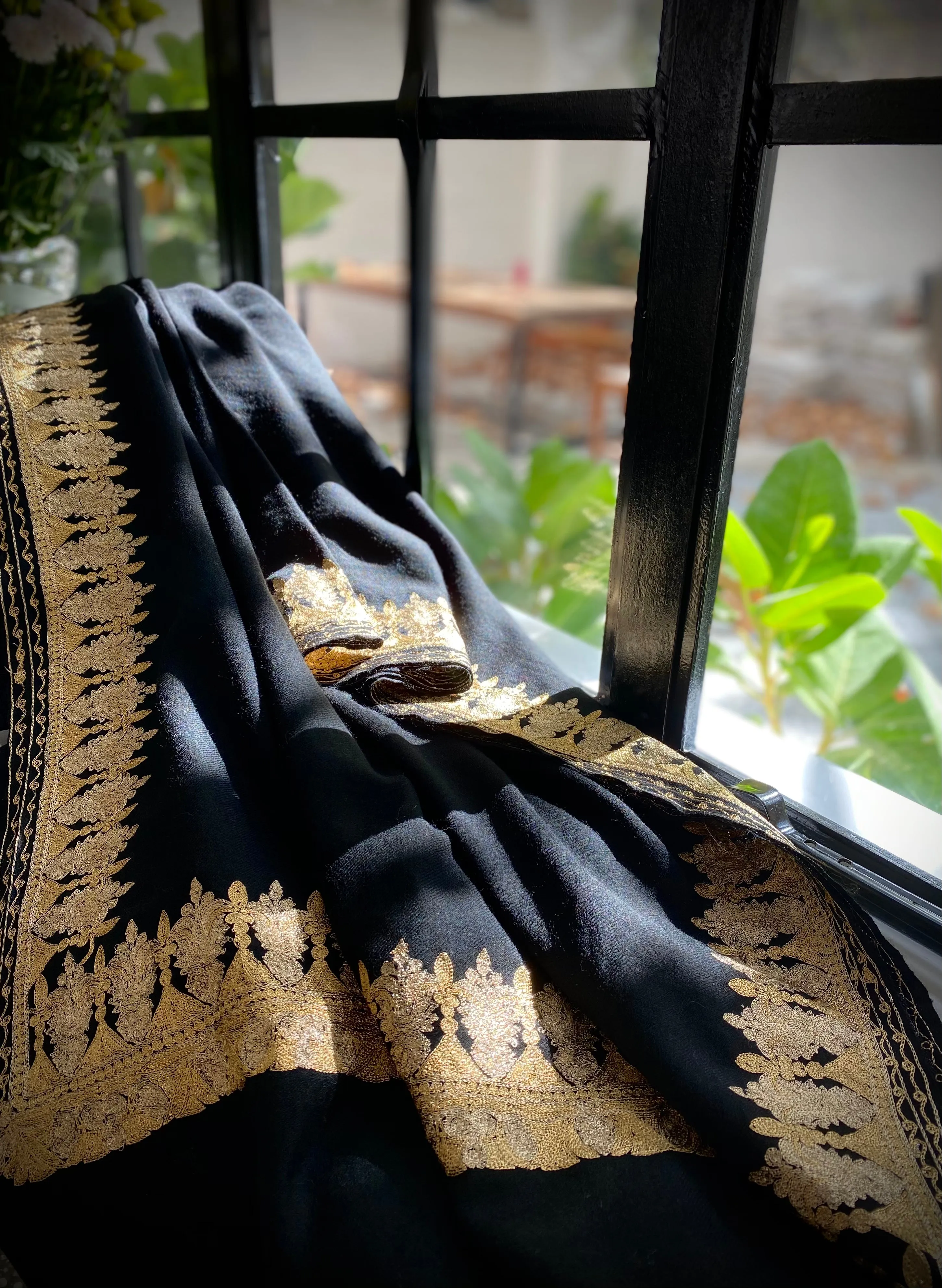 Elegant Black Wool with Gold Embroidery Scarf - Gold Border
