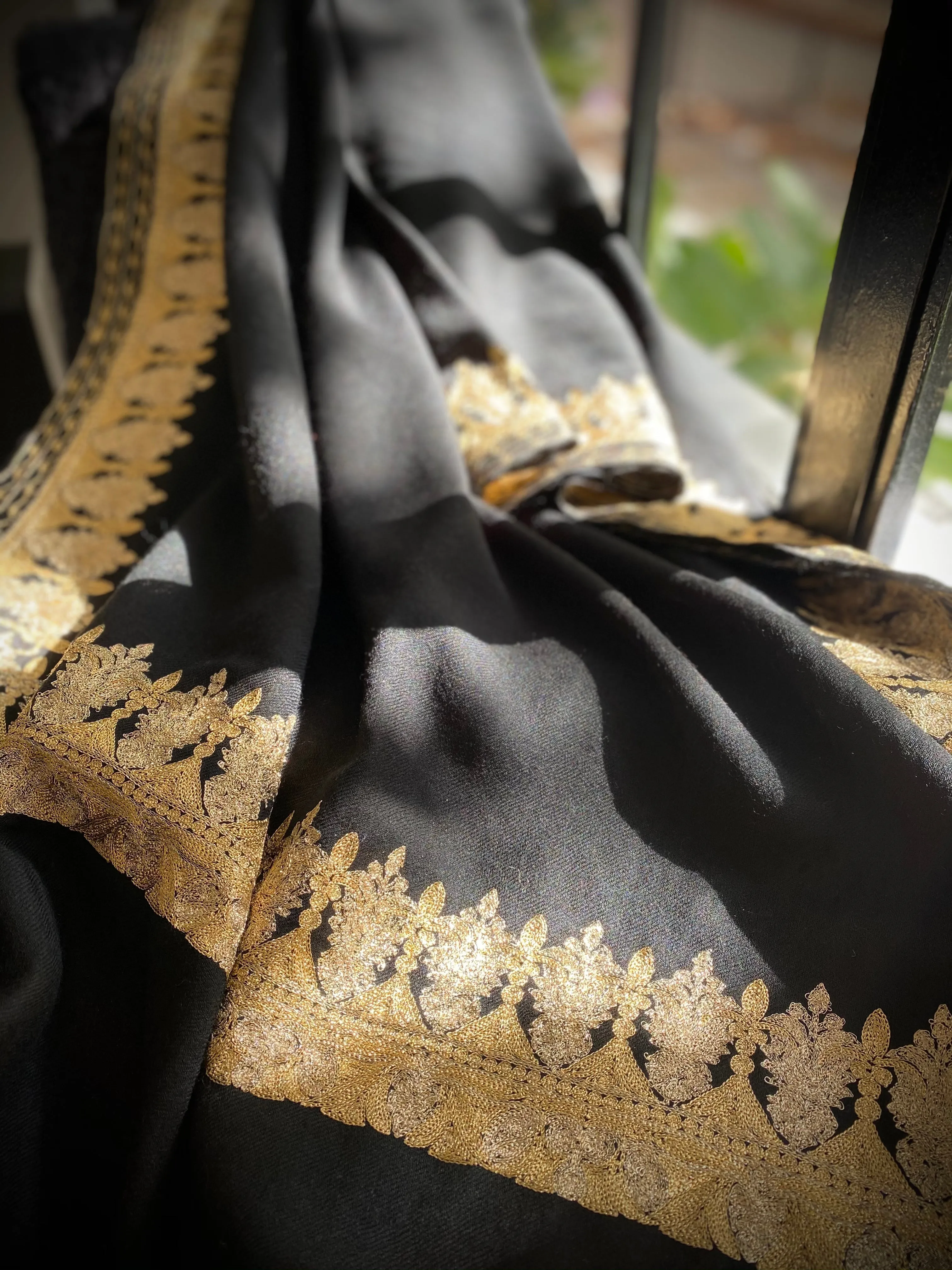 Elegant Black Wool with Gold Embroidery Scarf - Gold Border