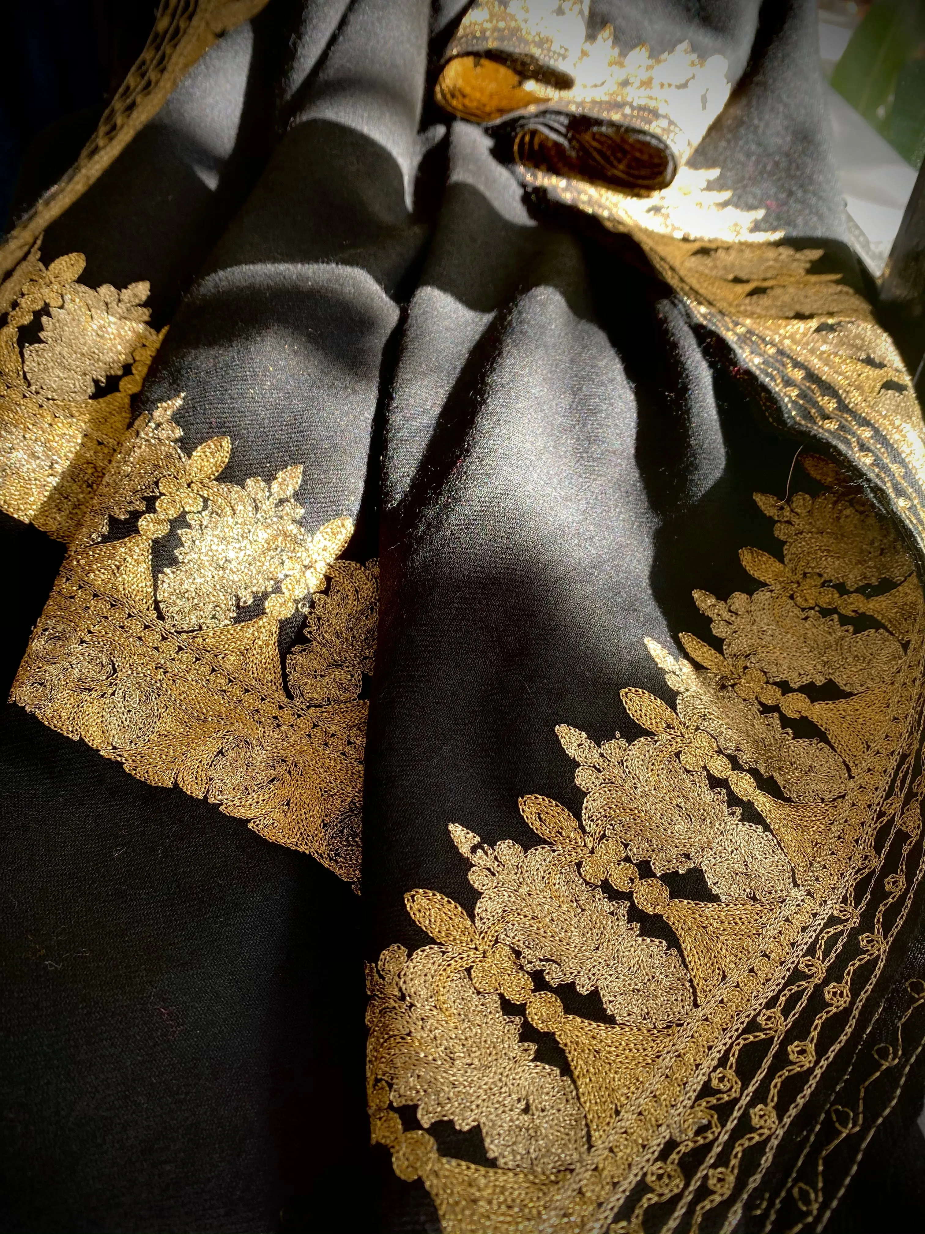 Elegant Black Wool with Gold Embroidery Scarf - Gold Border