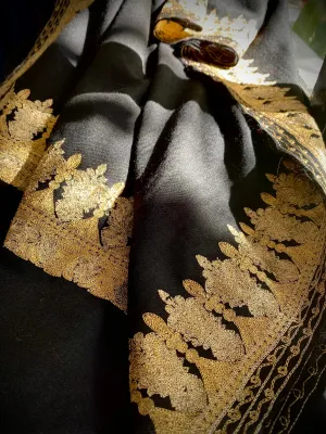 Elegant Black Wool with Gold Embroidery Scarf - Gold Border