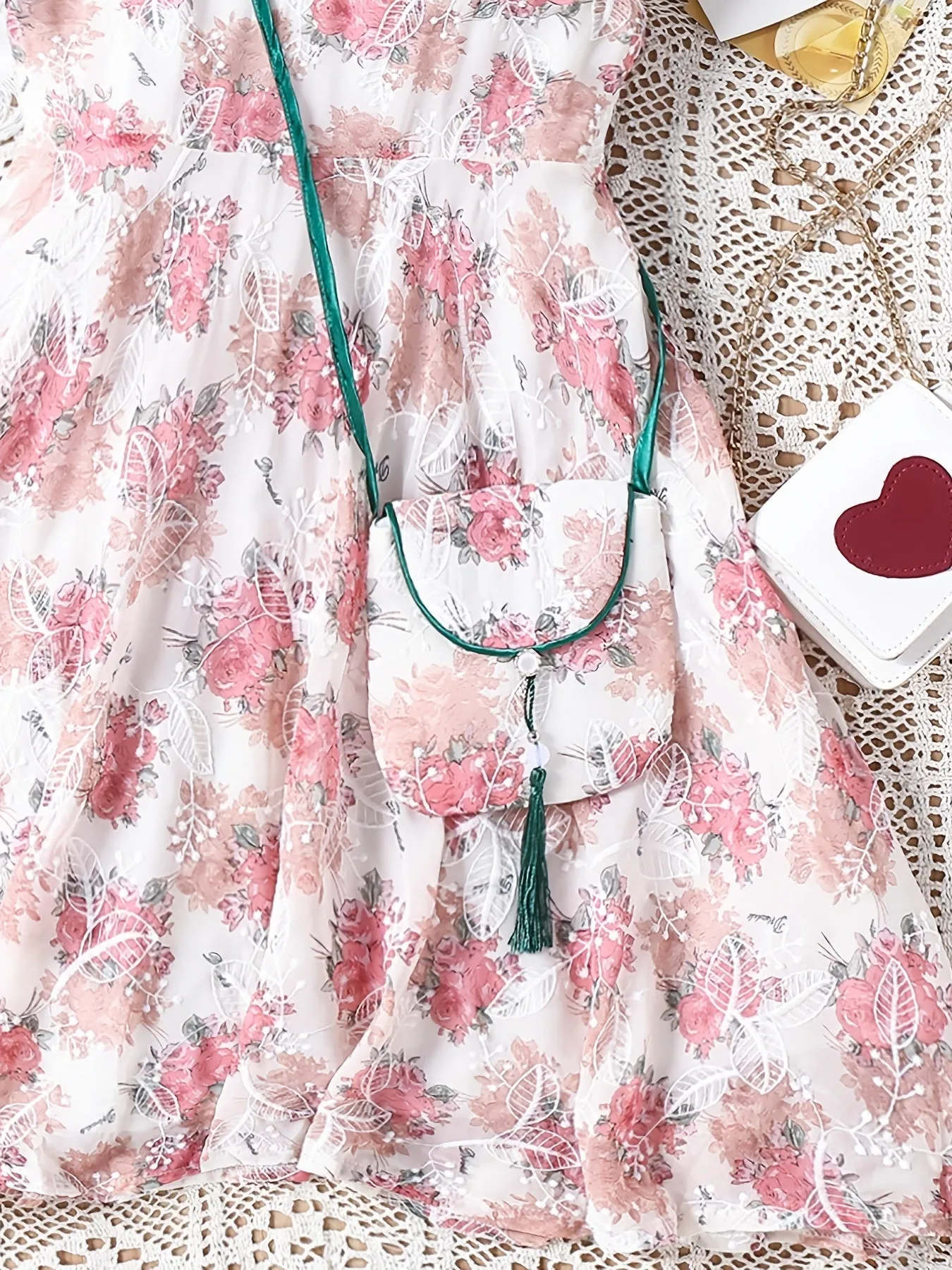 Elegant Embroidered Cheongsam Dress with Tassel Bag