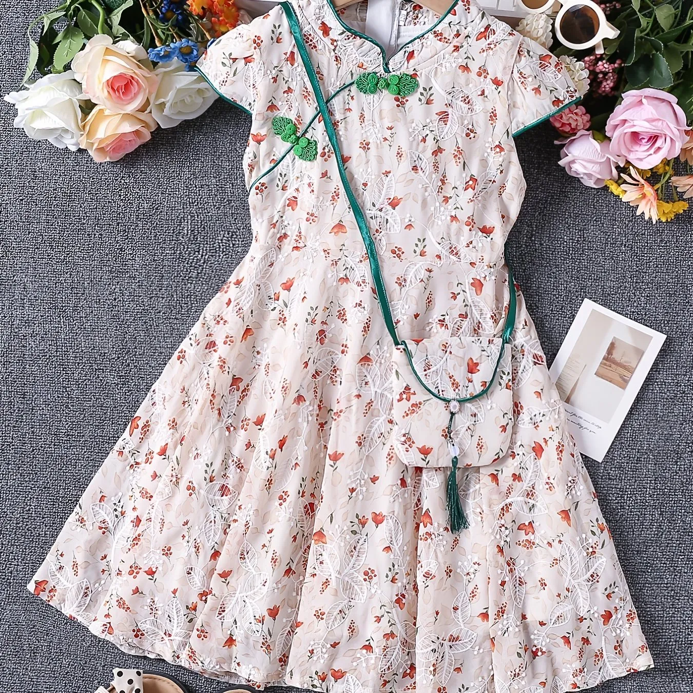 Elegant Embroidered Cheongsam Dress with Tassel Bag