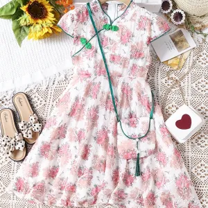 Elegant Embroidered Cheongsam Dress with Tassel Bag