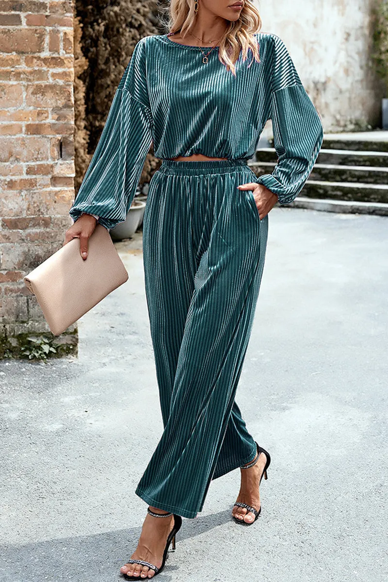 Elegant Solid Pocket O Neck Long Sleeve Two Pieces