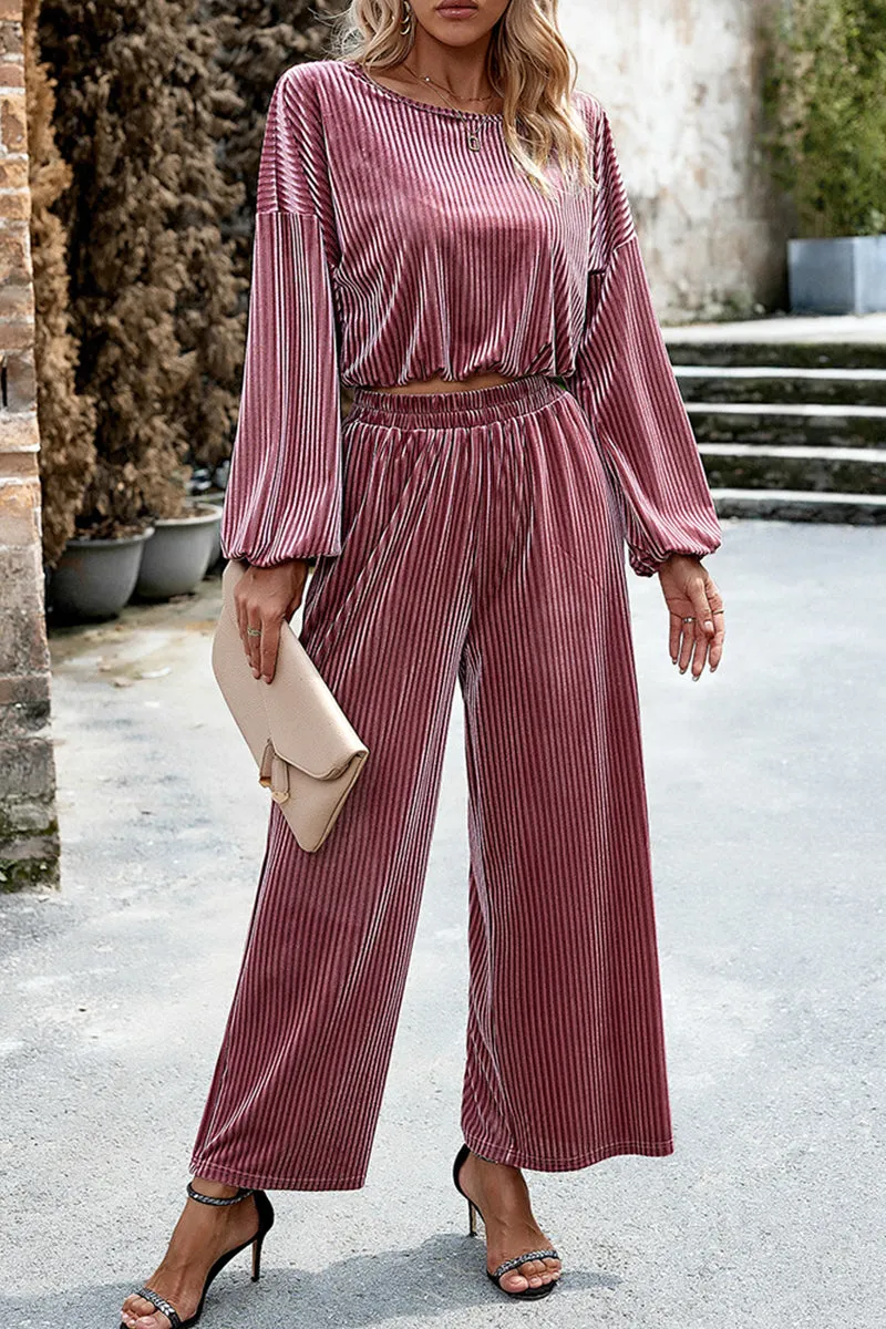 Elegant Solid Pocket O Neck Long Sleeve Two Pieces