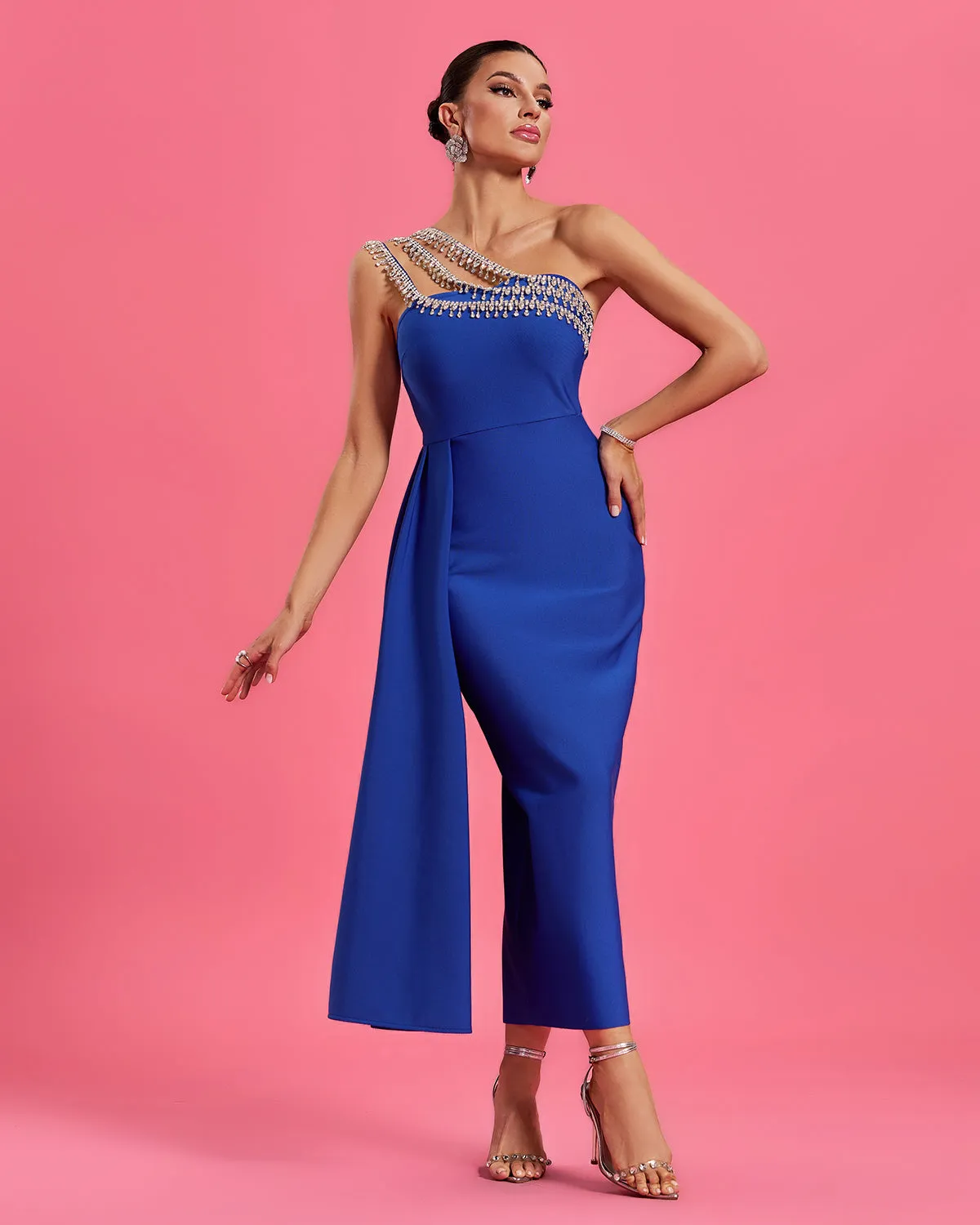 Elegant Wedding Guest Draped Tail Dress