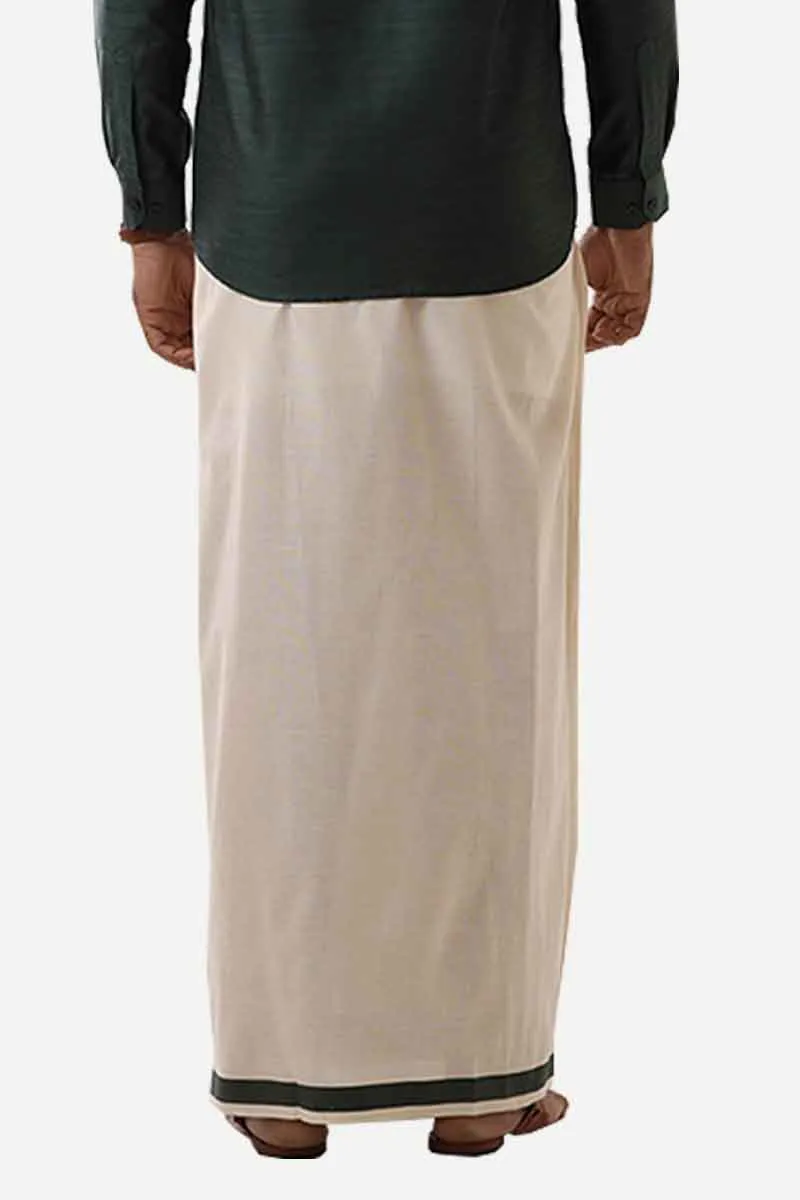 Ever Shine - Dark Green Single Layered Gold Jari Fancy Borders Dhoti For Men | Uathayam
