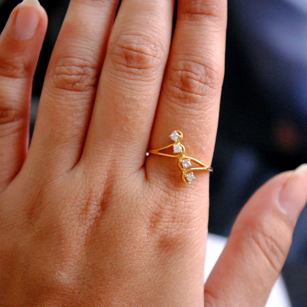 Four Diamond Line Ring in 14K Yellow gold, Diamond Line Right Hand Diamond Ring
