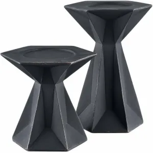 Geometric Wood Pillar Candle Holders in Black