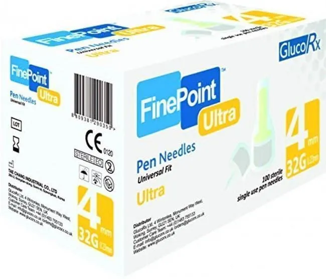 GlucoRx FinePoint Ultra Ins Pen Needles x 100 4mm 32G