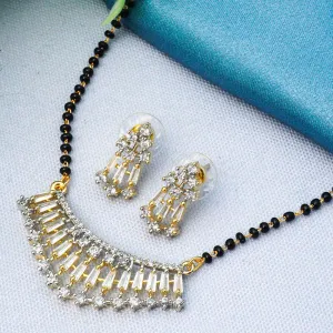 Gold-Plated AD Studded and Beaded Mangalsutra and Earring