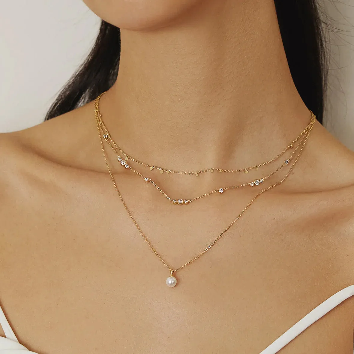 Gold Sparkling Bezel Cubic Zirconia Station Necklace