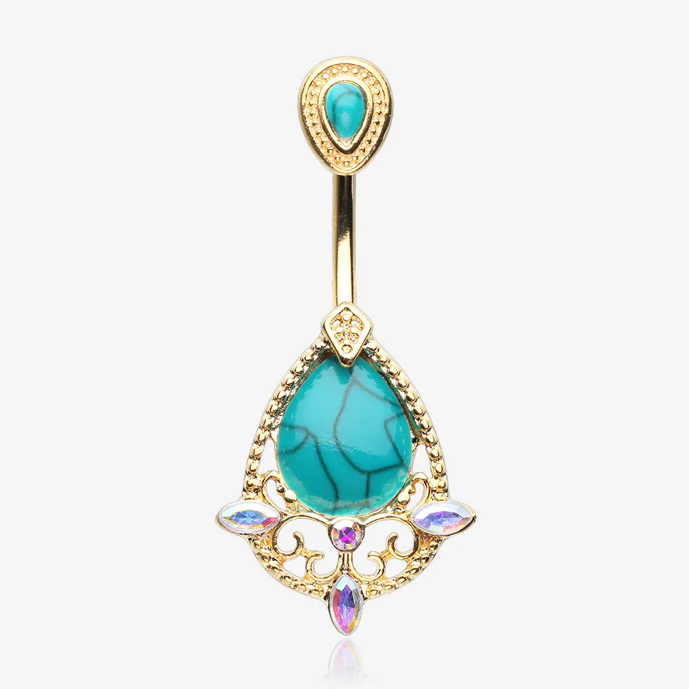 Golden Elegant Turquoise Lace Sparkle Belly Button Ring