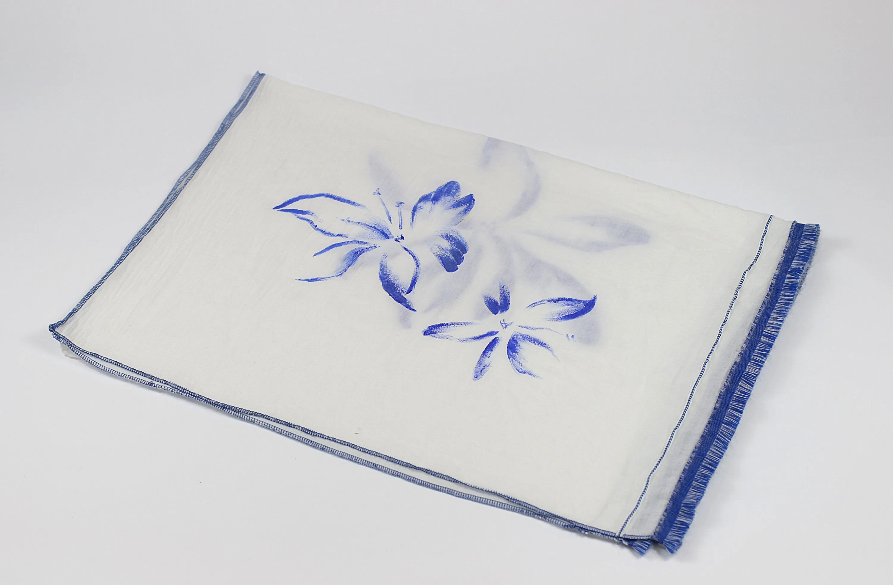 Hand Painted Lightweight White Cotton Scarf, Azure Flower Paint Scarf, Mother's Day Gift