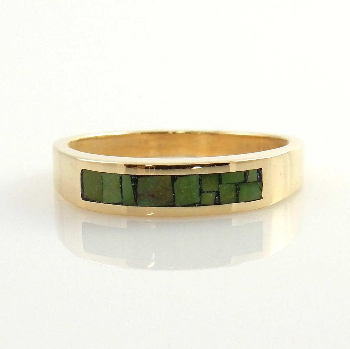 Handcrafted 14kt Yellow Gold Green Turquoise Mosaic Inlay Ring Size 7.75