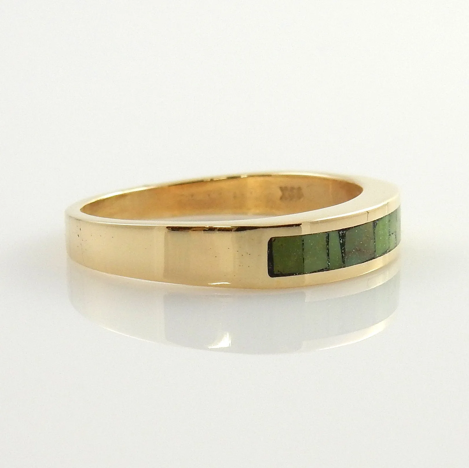 Handcrafted 14kt Yellow Gold Green Turquoise Mosaic Inlay Ring Size 7.75