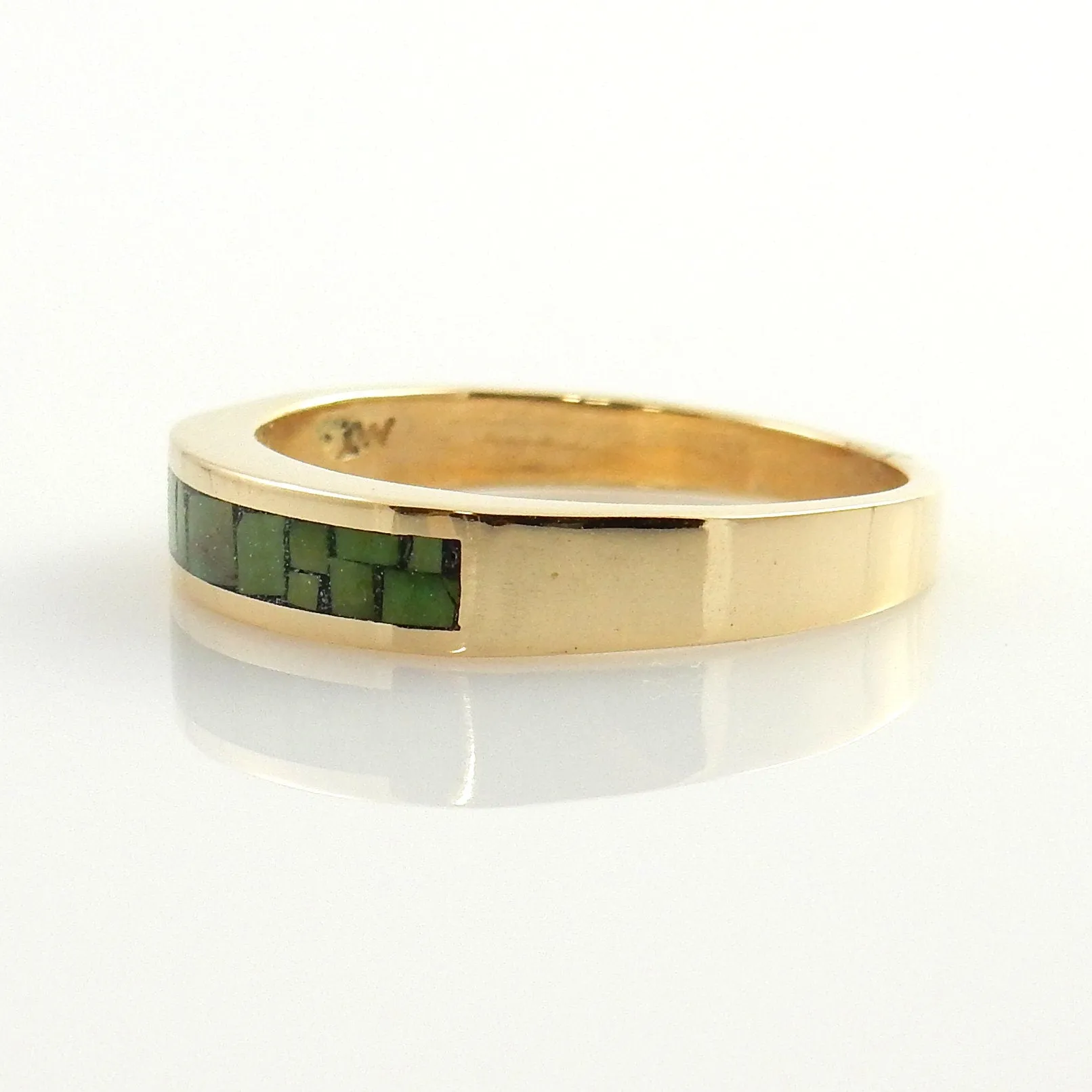 Handcrafted 14kt Yellow Gold Green Turquoise Mosaic Inlay Ring Size 7.75