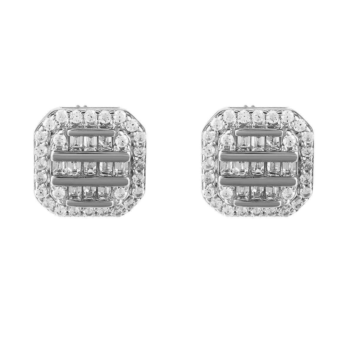 Icy Baguette Sterling Silver Square Elegant Screw Back Earrings