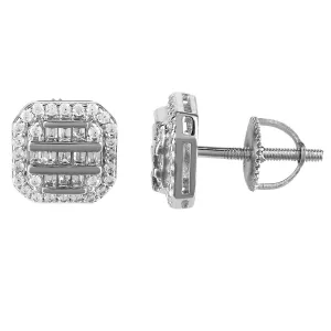 Icy Baguette Sterling Silver Square Elegant Screw Back Earrings