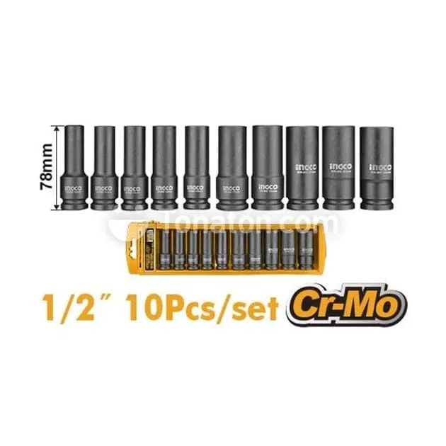 Ingco ½″ 10-Piece Deep Impact Socket Set – HKISSD12102L