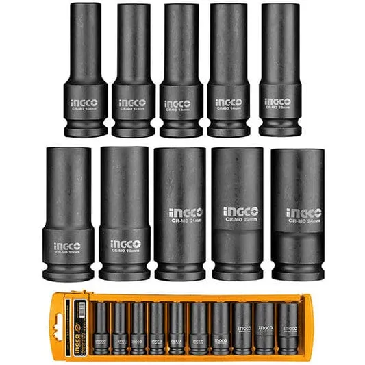 Ingco ½″ 10-Piece Deep Impact Socket Set – HKISSD12102L