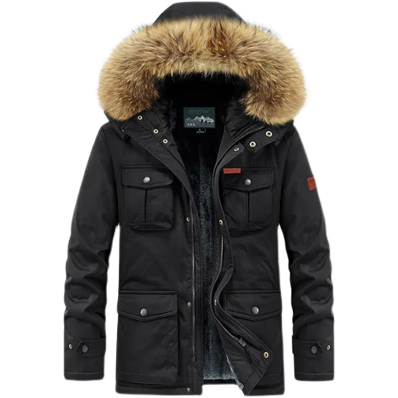INSTOCK- Cross-border velvet thickened mid-length hooded cotton