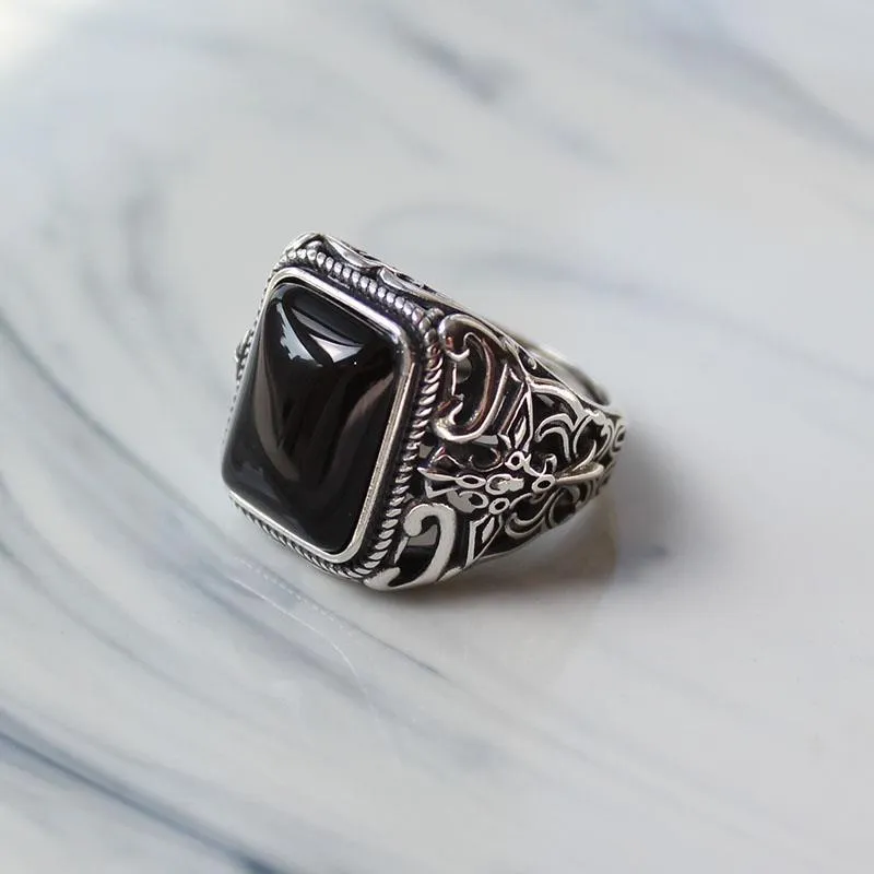 INSTOCK-Men's Black Agate Ring Jewelry