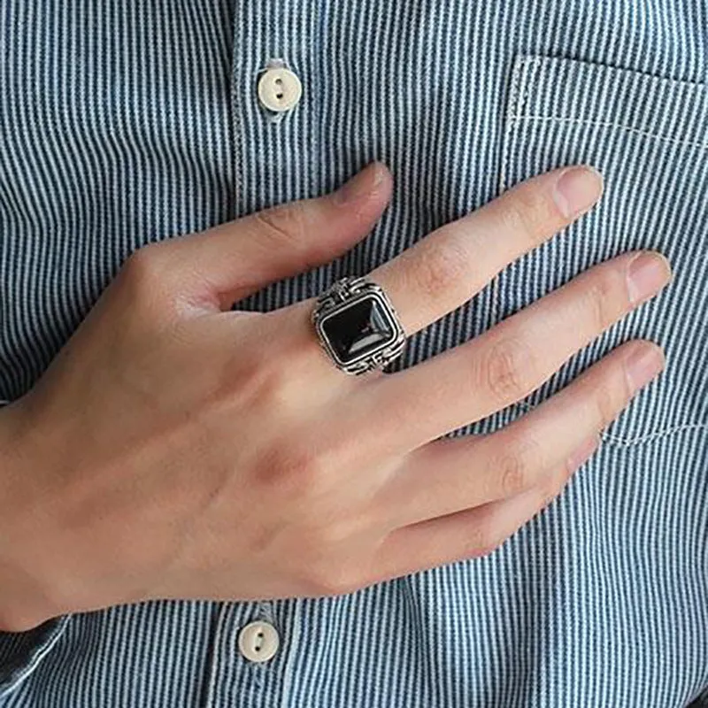 INSTOCK-Men's Black Agate Ring Jewelry
