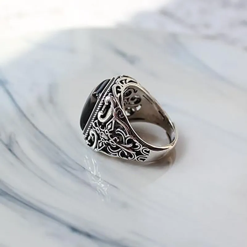 INSTOCK-Men's Black Agate Ring Jewelry