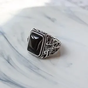 INSTOCK-Men's Black Agate Ring Jewelry