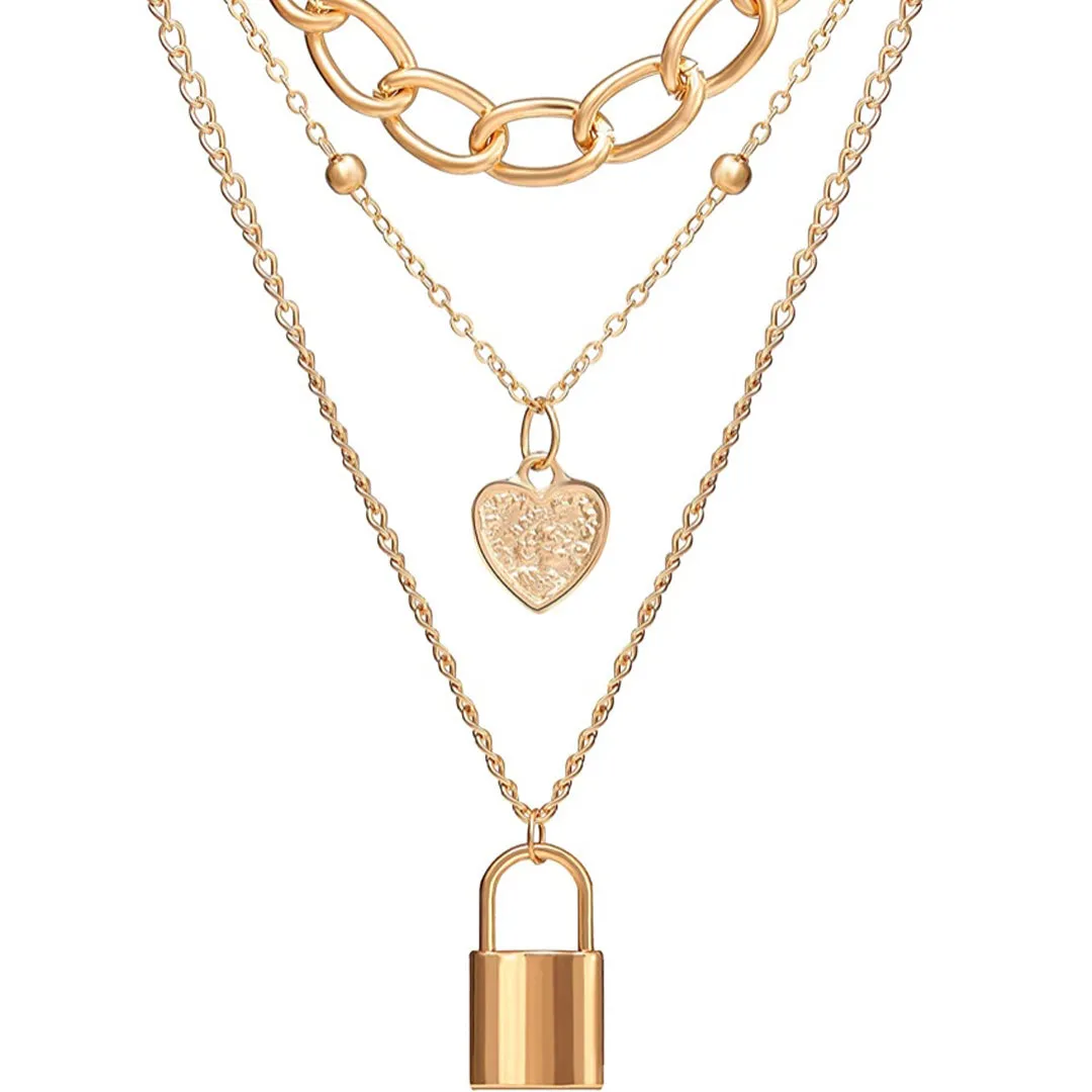 Layered Chunky Chain Heart Lock Pendant