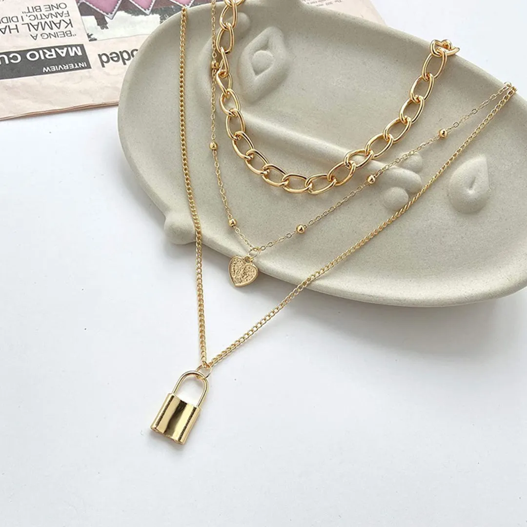 Layered Chunky Chain Heart Lock Pendant