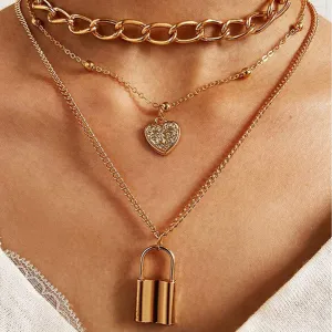 Layered Chunky Chain Heart Lock Pendant