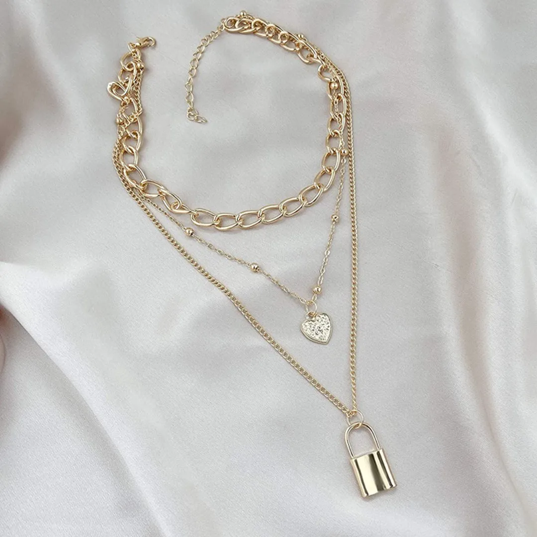 Layered Chunky Chain Heart Lock Pendant