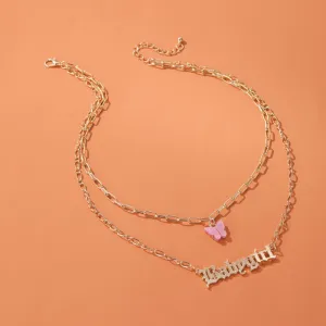 Layered Pink Butterfly Babygirl Word Necklace