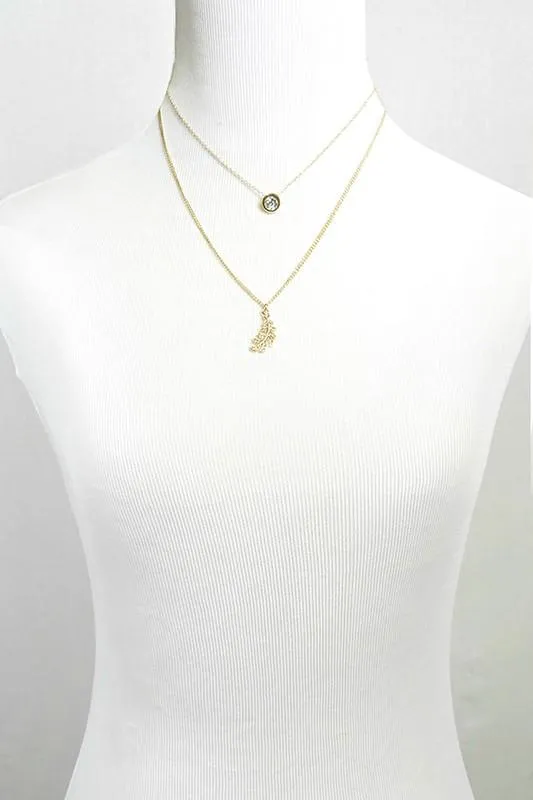 Layered Rhinestone Leaf Pendant Necklace